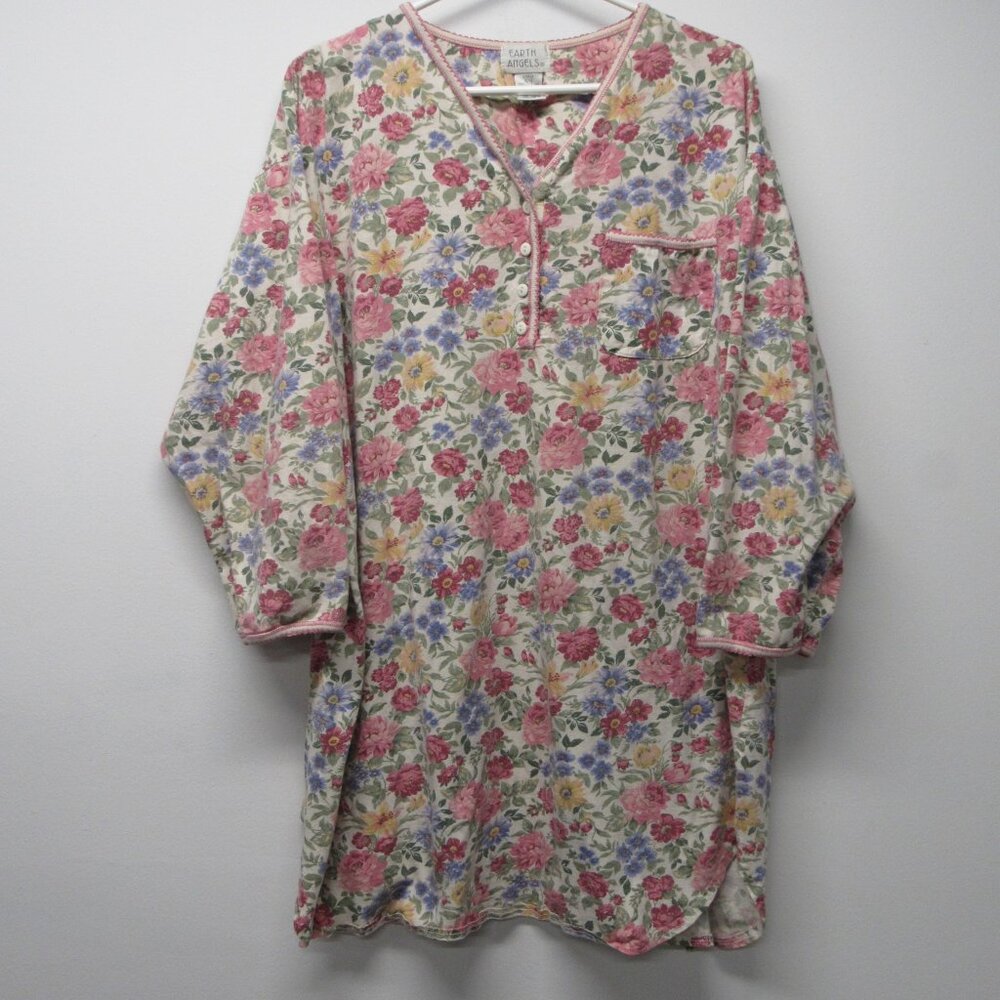 Vtg Earth Angels Cotton Floral Long Sleeve Short Nightgown L 16/18 Cottagecore